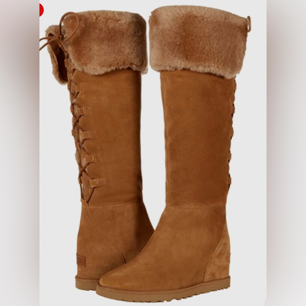 Lace-Up Suede Tall Boots with Faux Fur Cuff - Warm Tan